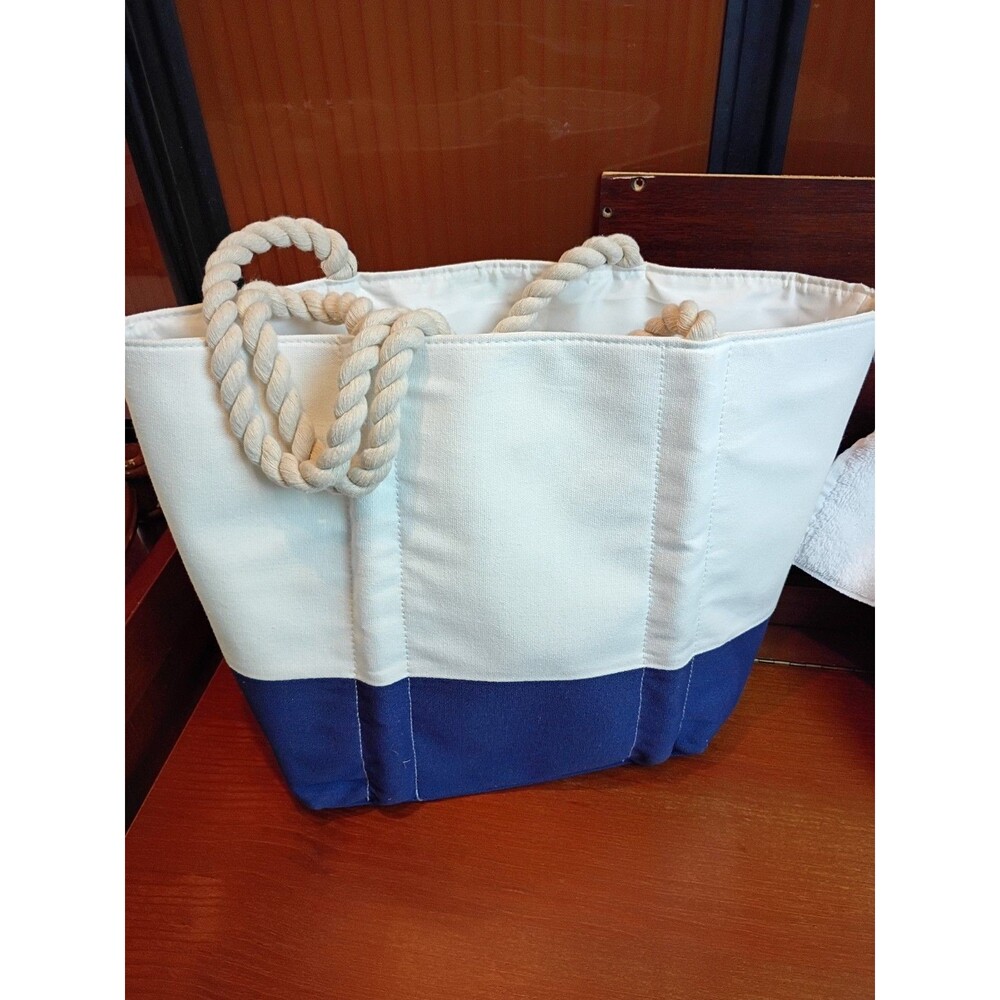 NEIMAN MARCUS Beach Bag Shopper Canvas Tote Blue white